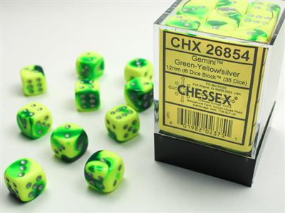 GEMINI® 12MM D6 GREEN-YELLOW/SILVER DICE BLOCK™ (36 DICE) 26854