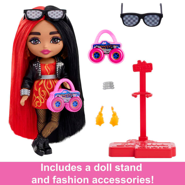 Barbie Extra Mini Doll With Moto Jacket, Accessories And Doll Stand, 5.5-Inch Collectible