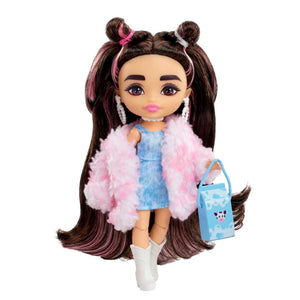 Barbie Extra Mini Doll With Pink Furry Jacket, Accessories And Doll Stand, 5.5-Inch Collectible